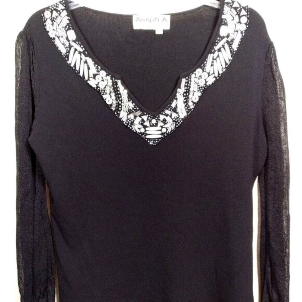 Joseph A. Black Beaded Sweater with Black Netted Sleeves: Size L
